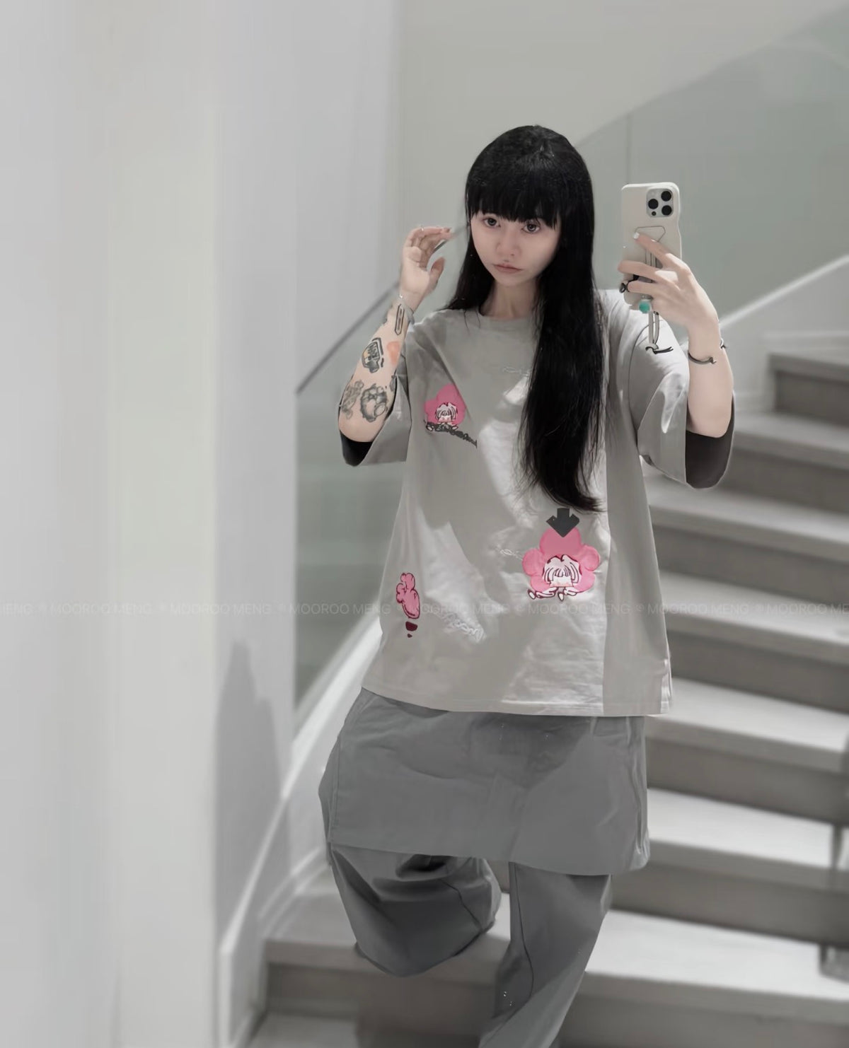 (Pre-Order) Soy Sauce Sauce New Product Full Print Floral Original Embroidered Warm Grey Loose Pure Cotton Crew Neck T-Shirt