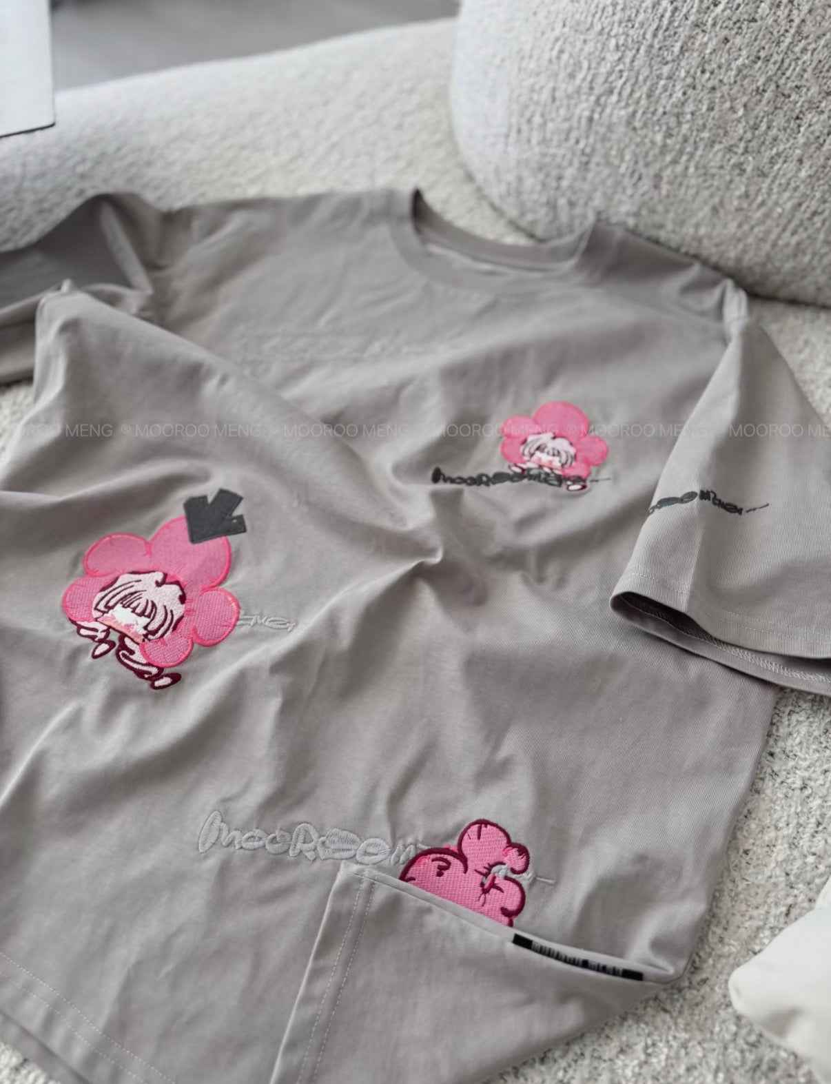 (Pre-Order) Soy Sauce Sauce New Product Full Print Floral Original Embroidered Warm Grey Loose Pure Cotton Crew Neck T-Shirt