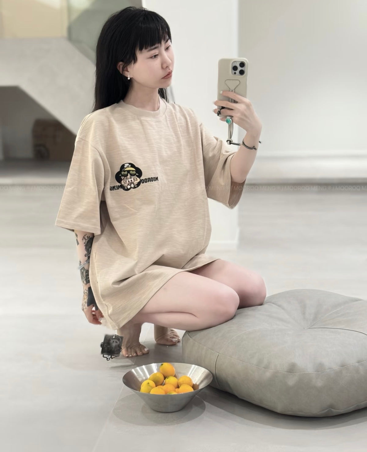 (Pre-Order) Heavyweight Loose-Fit Yellow Cotton Crew-Neck T-Shirt with Helicopter Embroidery (Slub Cotton)