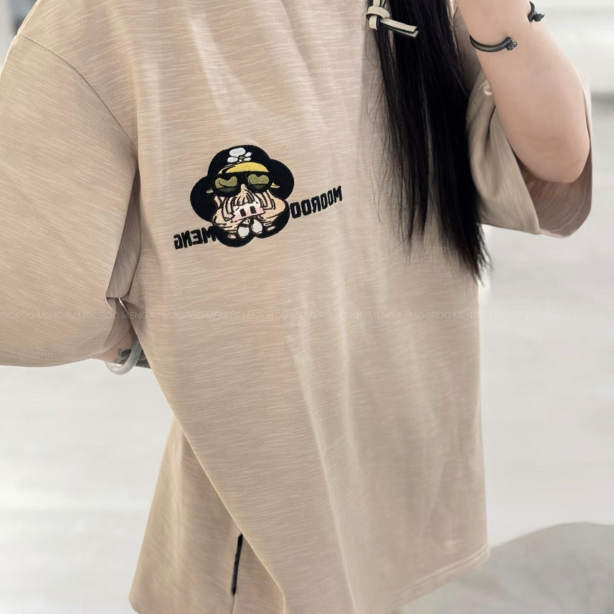 (Pre-Order) Heavyweight Loose-Fit Yellow Cotton Crew-Neck T-Shirt with Helicopter Embroidery (Slub Cotton)