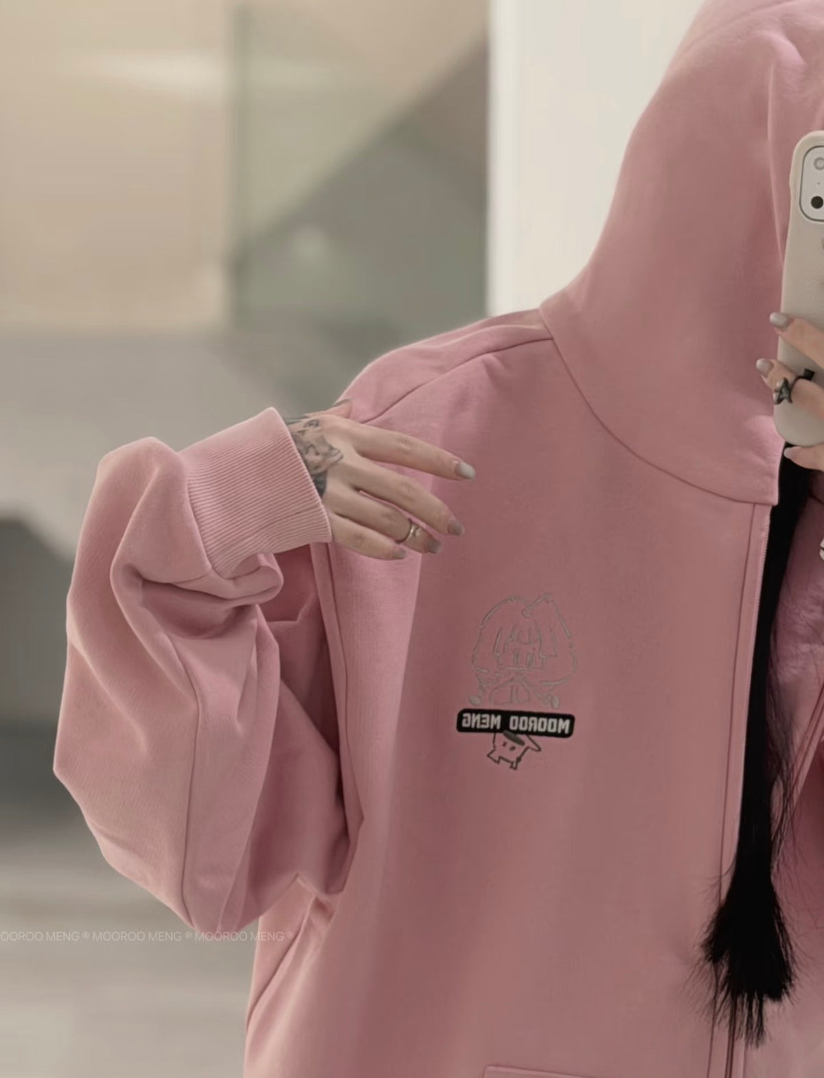 (Pre-Order) Jiangjiang Original Heavyweight (580g) Embroidered Cotton Zip-Up Hoodie – Ultra-Thick, Oversized Fit