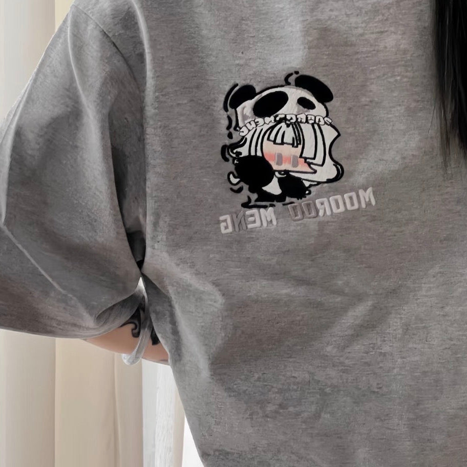 (Pre-Order) Premium Original Embroidered & Printed Grey Loose-Fit Crew-Neck T-Shirt