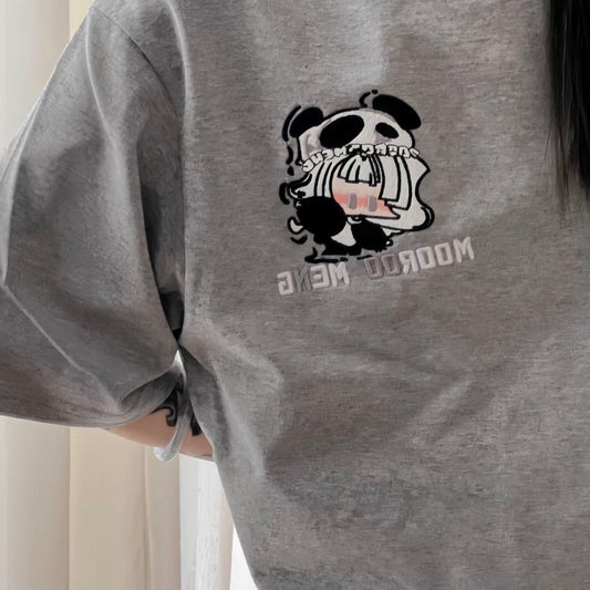 (Pre-Order) Premium Original Embroidered & Printed Grey Loose-Fit Crew-Neck T-Shirt