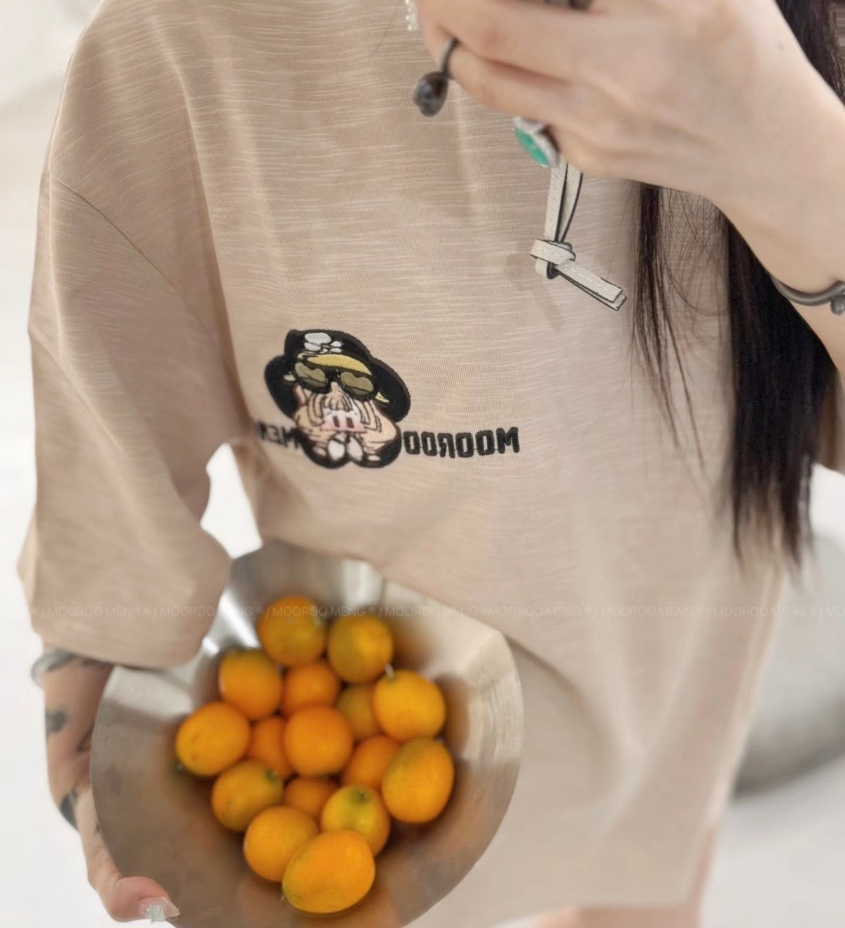 (Pre-Order) Heavyweight Loose-Fit Yellow Cotton Crew-Neck T-Shirt with Helicopter Embroidery (Slub Cotton)
