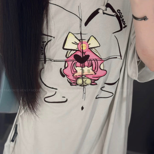 (Pre-Order) "Jiang Jiang Original" Stop-chan Embroidery: Lightweight, Loose-Fit, Crew-Neck Short-Sleeve T-Shirt (Grey-Green)