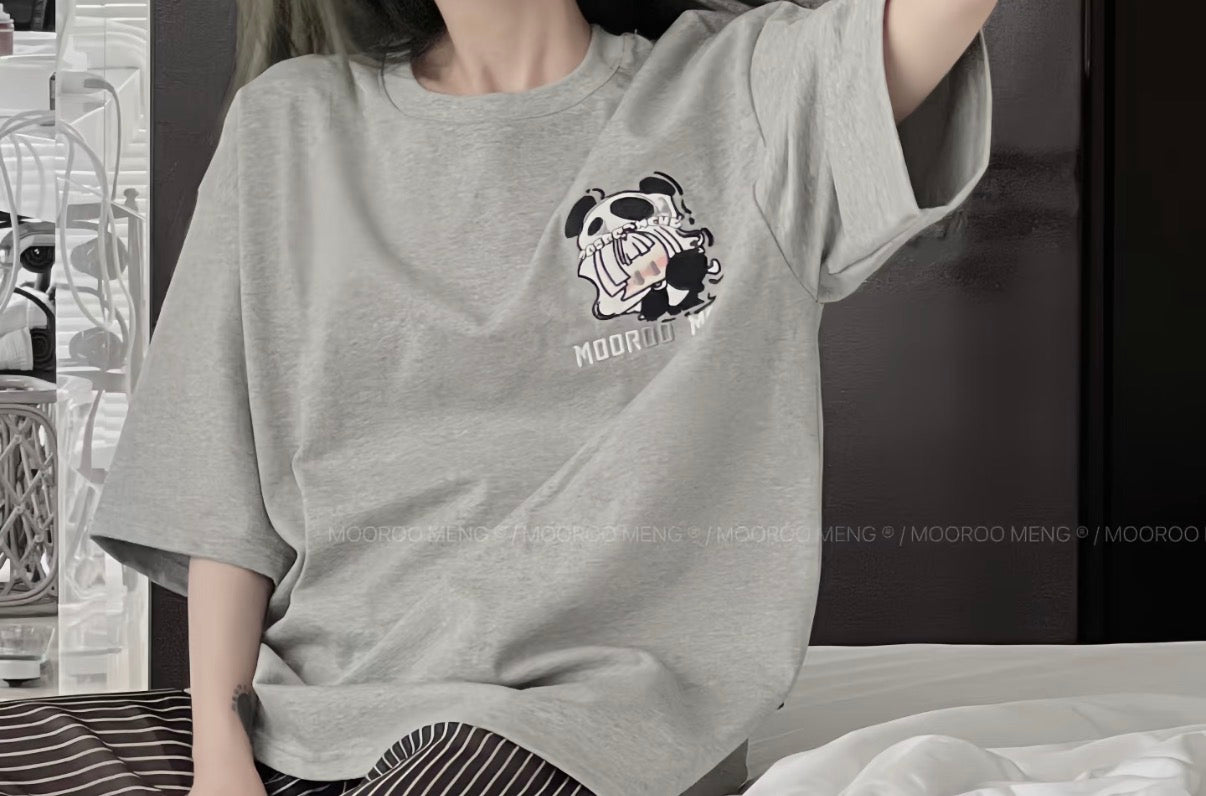 (Pre-Order) Premium Original Embroidered & Printed Grey Loose-Fit Crew-Neck T-Shirt