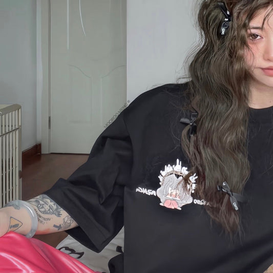(Pre-Order) Jiang Jiang 2024 Original Black Crew-Neck Short-Sleeve T-Shirt Featuring Heavyweight Embroidery Craftsmanship