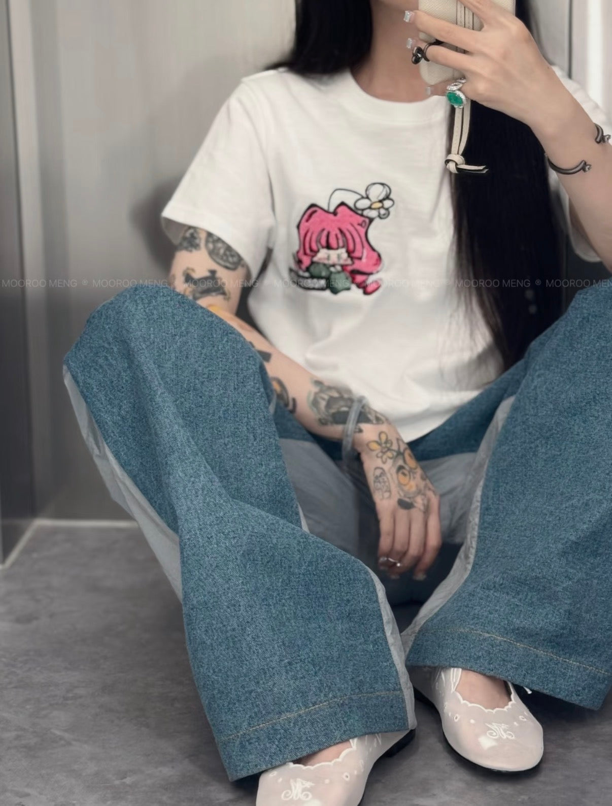 (Pre-Order) Original Embroidered "Hua Hua Jiang Jiang" Cropped T-Shirt – White Pure Cotton Slub Knit, Crew Neck