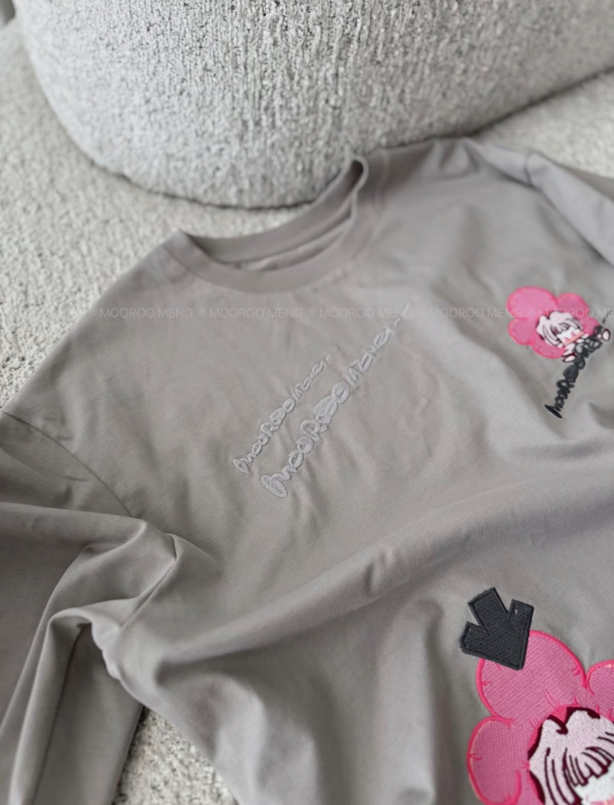 (Pre-Order) Soy Sauce Sauce New Product Full Print Floral Original Embroidered Warm Grey Loose Pure Cotton Crew Neck T-Shirt