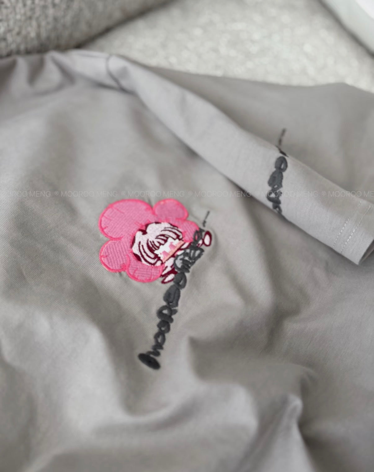 (Pre-Order) Soy Sauce Sauce New Product Full Print Floral Original Embroidered Warm Grey Loose Pure Cotton Crew Neck T-Shirt