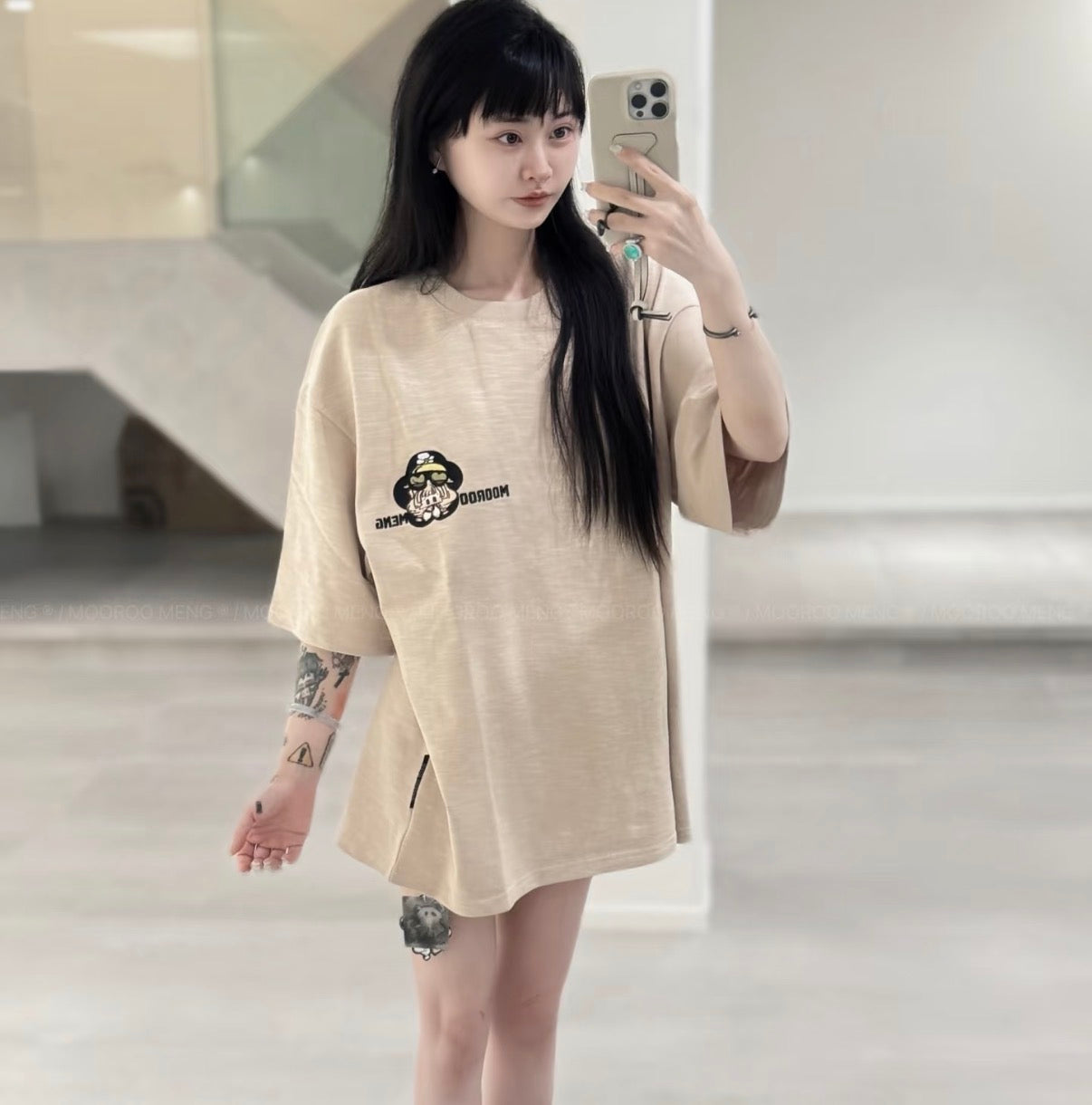 (Pre-Order) Heavyweight Loose-Fit Yellow Cotton Crew-Neck T-Shirt with Helicopter Embroidery (Slub Cotton)