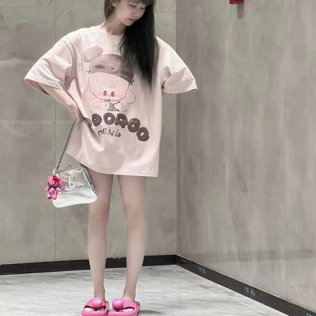 (Pre-Order) Mooroo Pink Heavyweight Cotton Crew-Neck Short-Sleeve T-Shirt with Bear Print