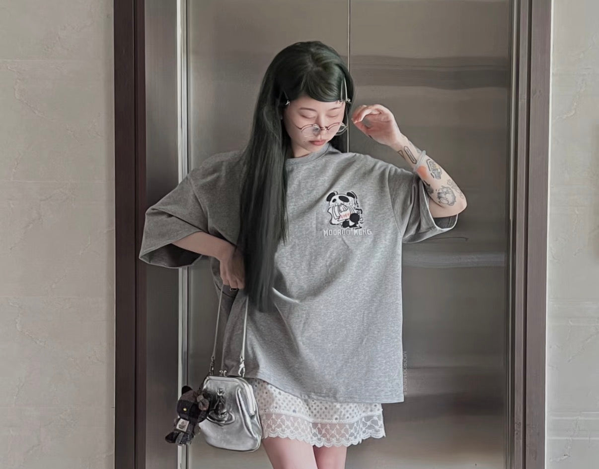 (Pre-Order) Premium Original Embroidered & Printed Grey Loose-Fit Crew-Neck T-Shirt