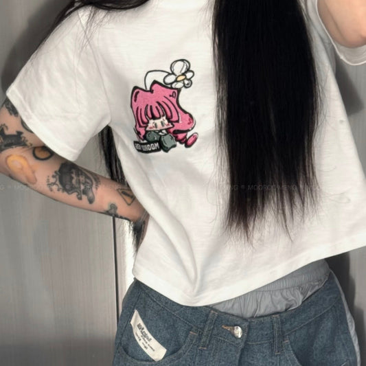 (Pre-Order) Original Embroidered "Hua Hua Jiang Jiang" Cropped T-Shirt – White Pure Cotton Slub Knit, Crew Neck