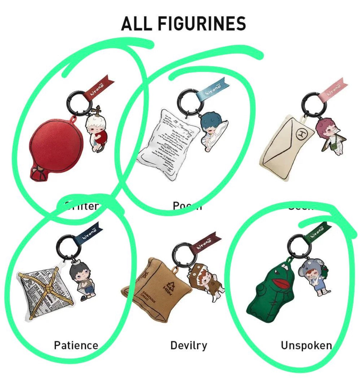 Deim-Hirono frangrance keychains circled ones+ 2 hirono pen sets