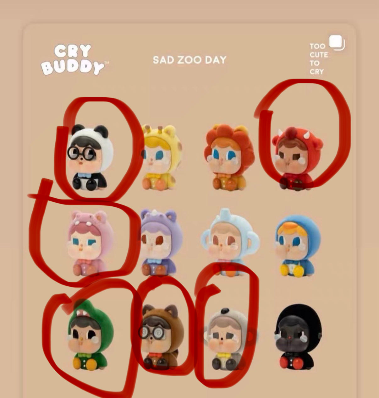 Tara-Molly factory cry buddy💕
1. panda 
2. ⁠Red Bull
3. ⁠Hippo pink
4. ⁠crocodile
5. ⁠raccoon
6. ⁠koala